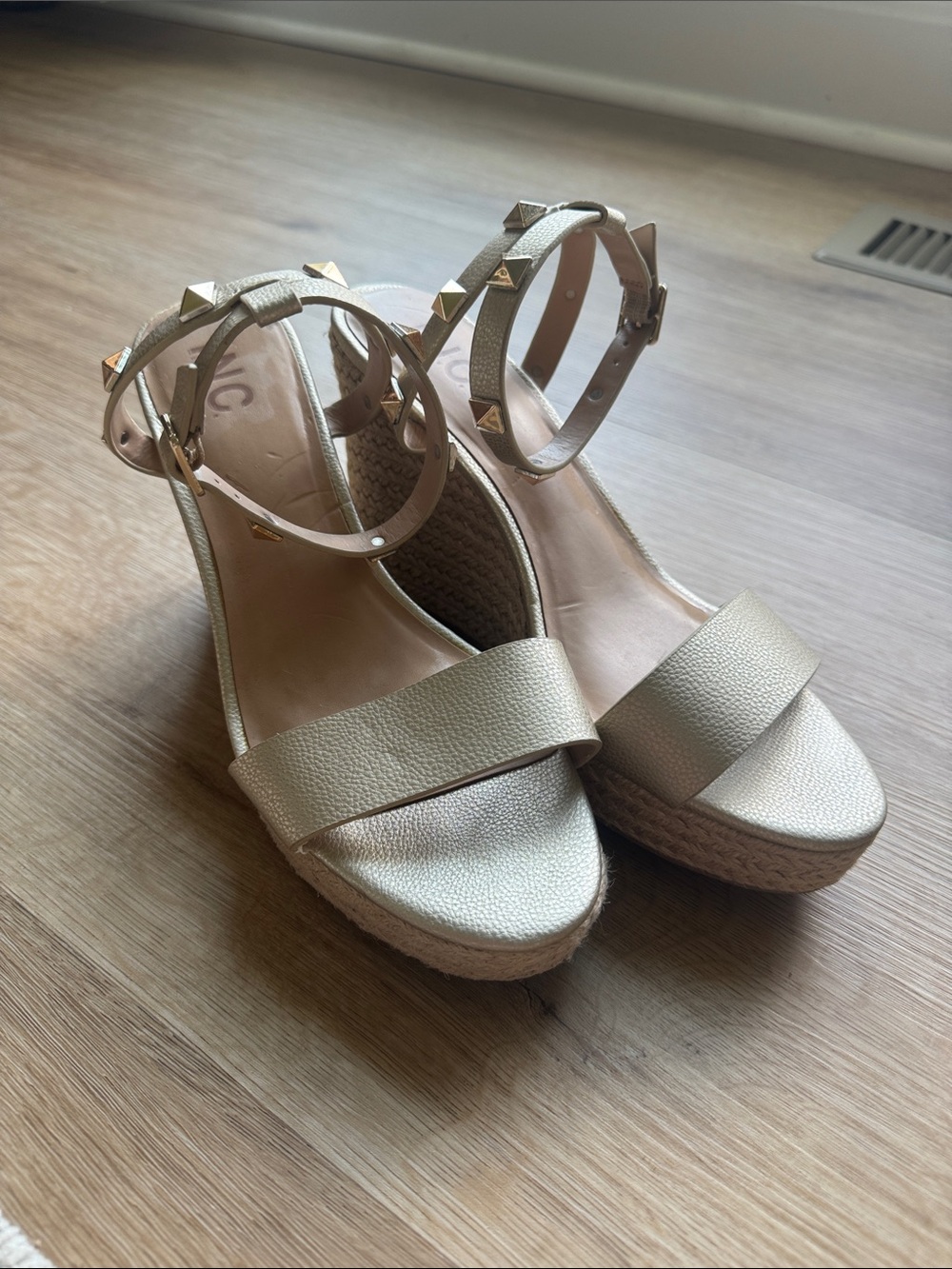 INC International Concepts Metallic Gold Studded Ankle-Strap Wedge Sandals